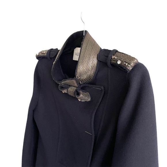 VALENTINO Wool Cashmere Embellished Soldier Asymmetrical Blazer Jacket Navy 14 - Picture 4 of 16